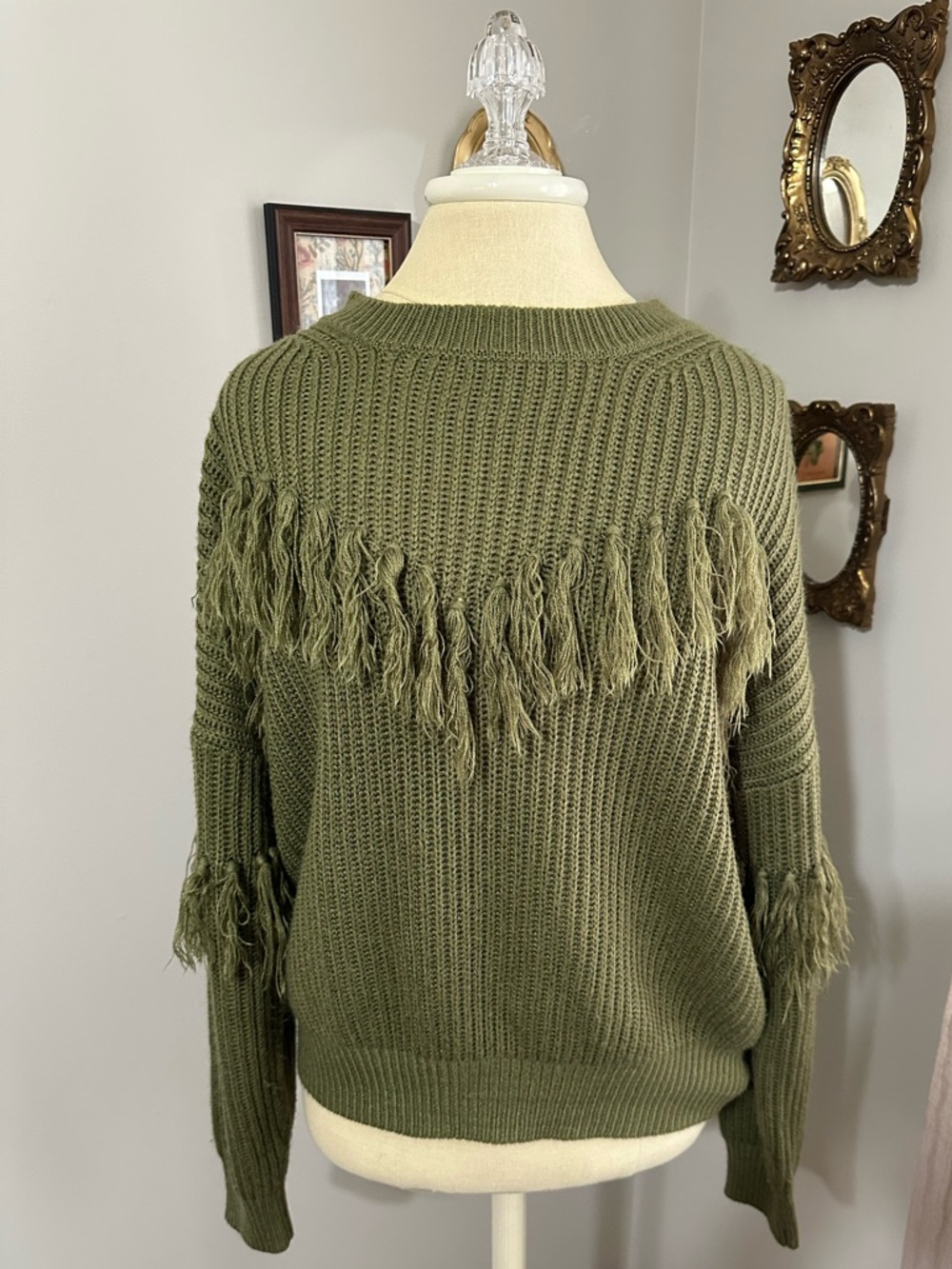 Flying Tomato Olive Green Fringe Crewneck Sweater